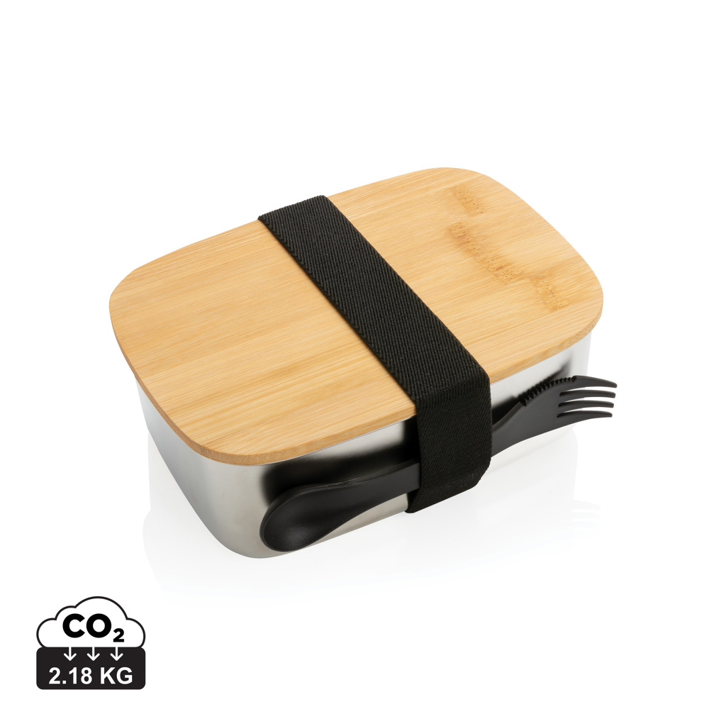 Stainless steel lunchbox with bamboo lid and spork